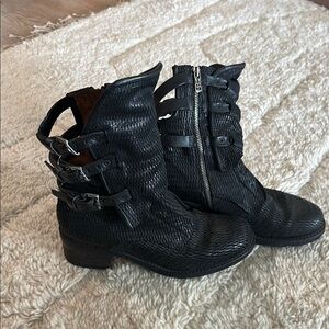 A.S. 98 Black Textured Leather Boots with Buckle Straps
